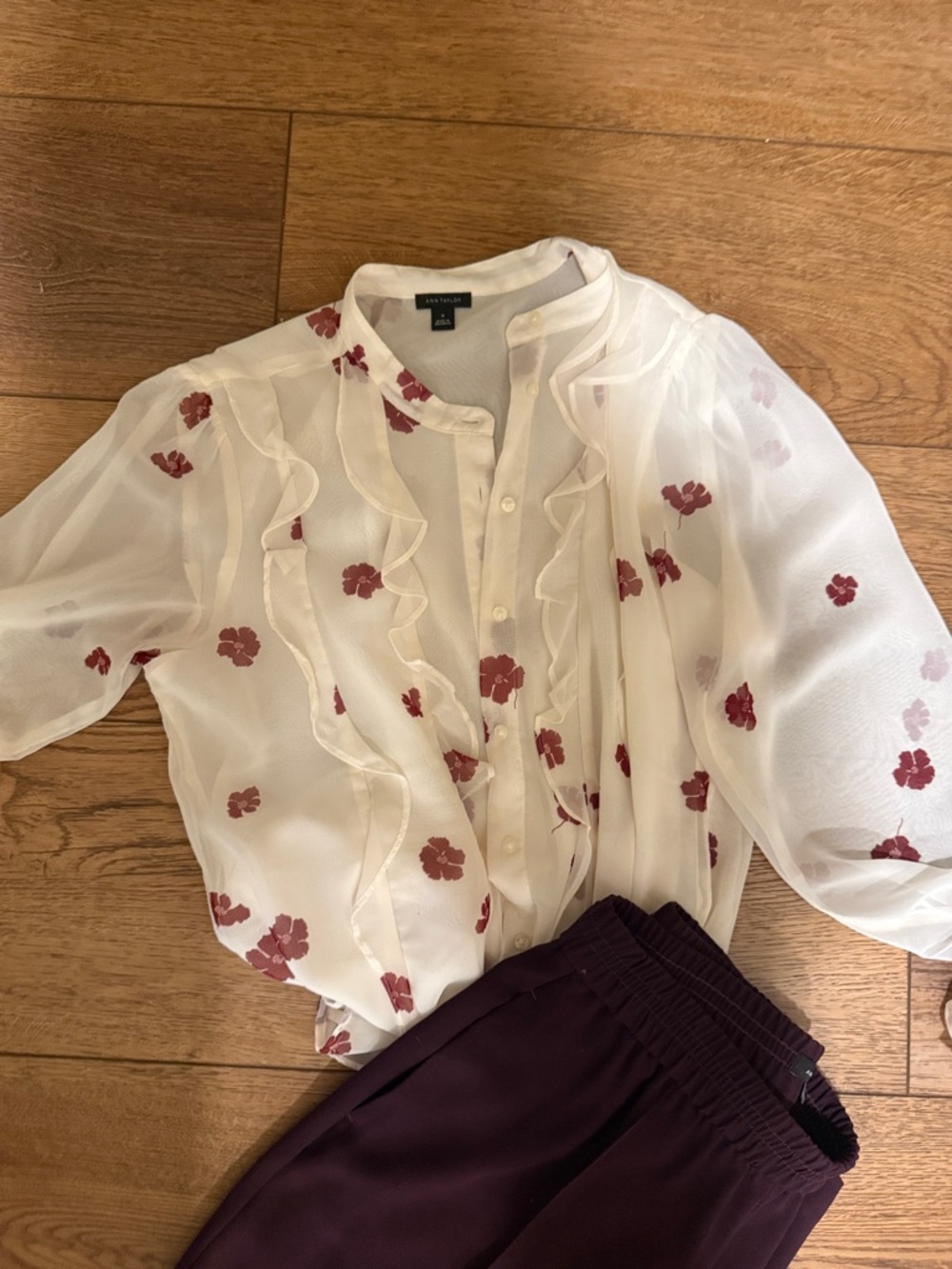 Ann Taylor White Sheer Ruffle Blouse with Red Floral Print